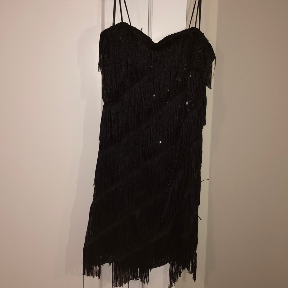 Black sequin fringe dress.